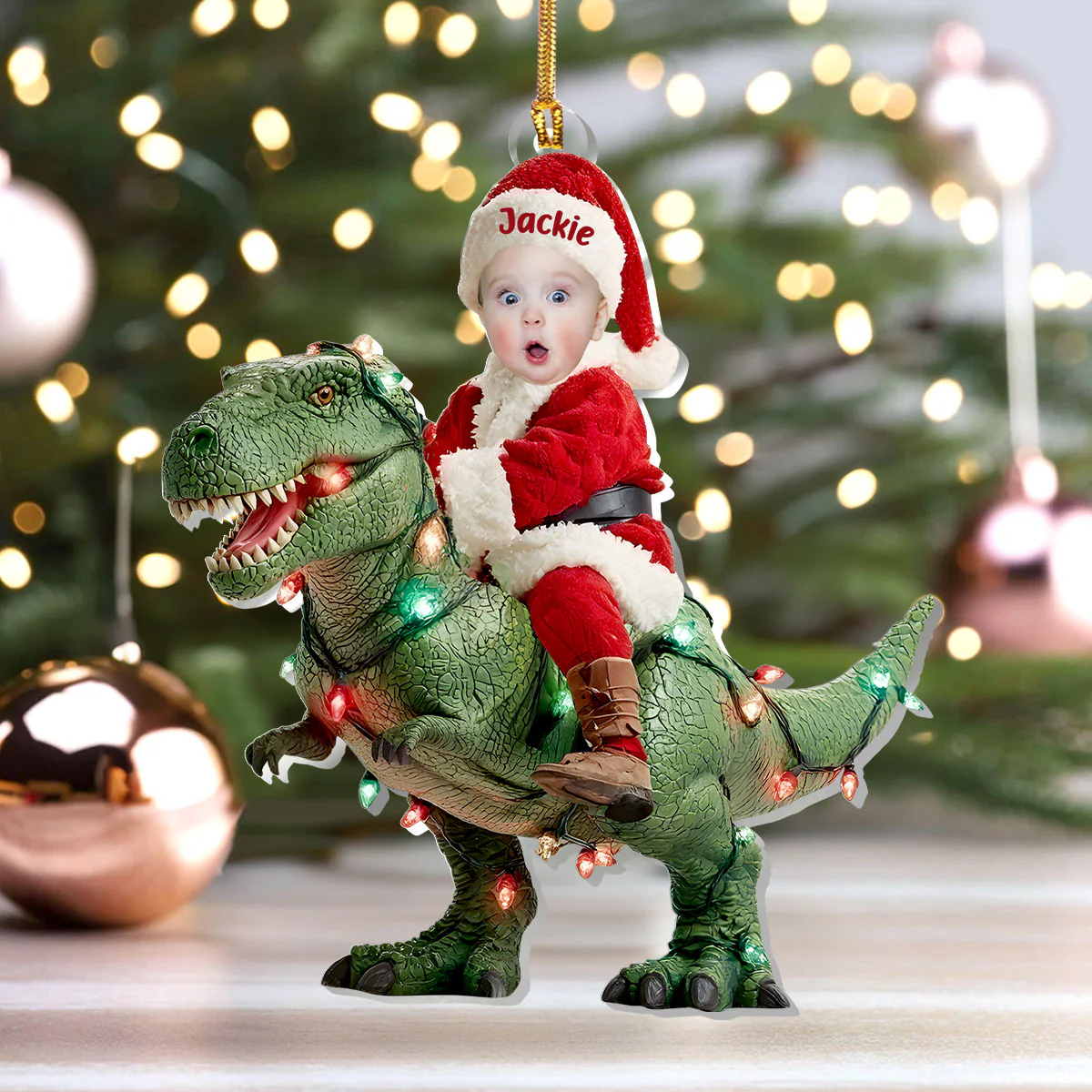 Santa’s Dino Ride - Personalized 1-Layer Acrylic Ornament - Image 4