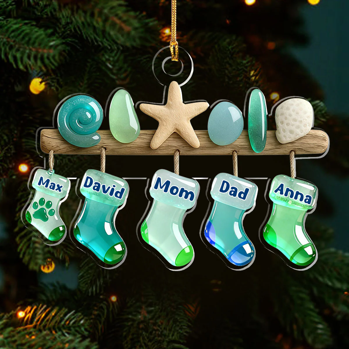 Sea Glass Stockings Family - Personalized 1-Layer Acrylic Ornament - Image 3