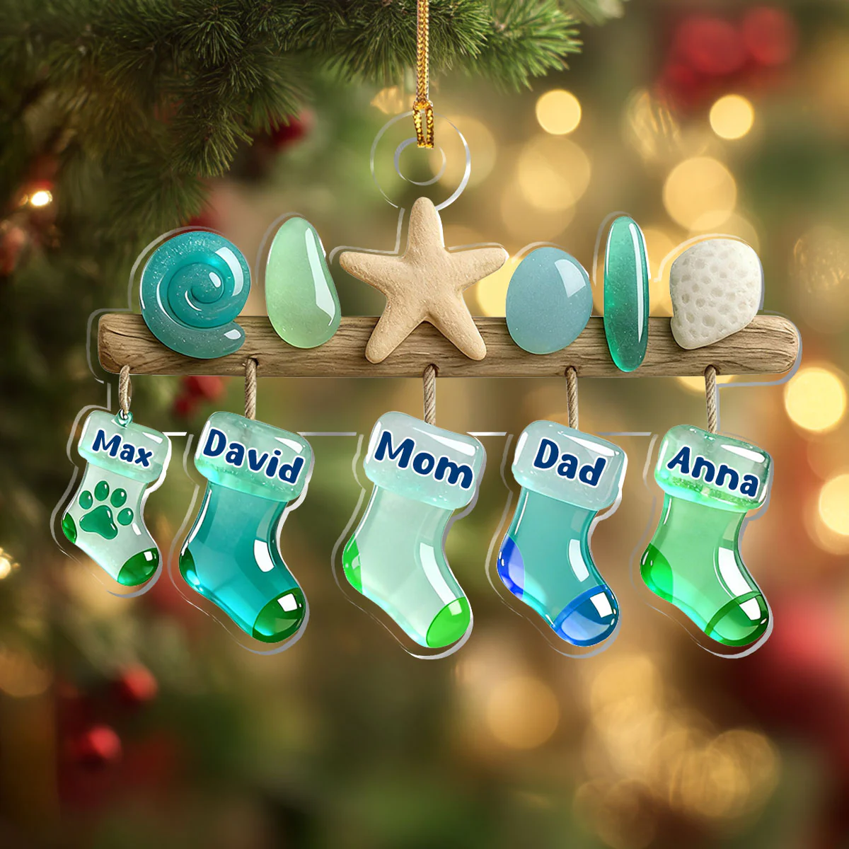 Sea Glass Stockings Family - Personalized 1-Layer Acrylic Ornament - Image 4