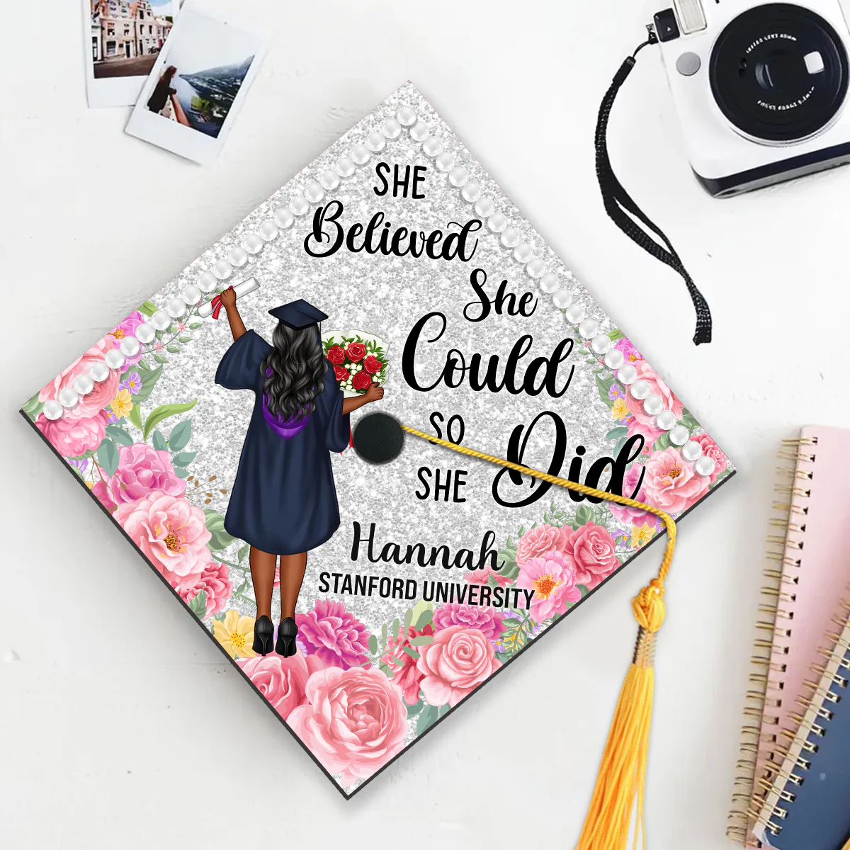 She Believed She Could So She Did - Personalized Graduation Cap Topper - Image 4