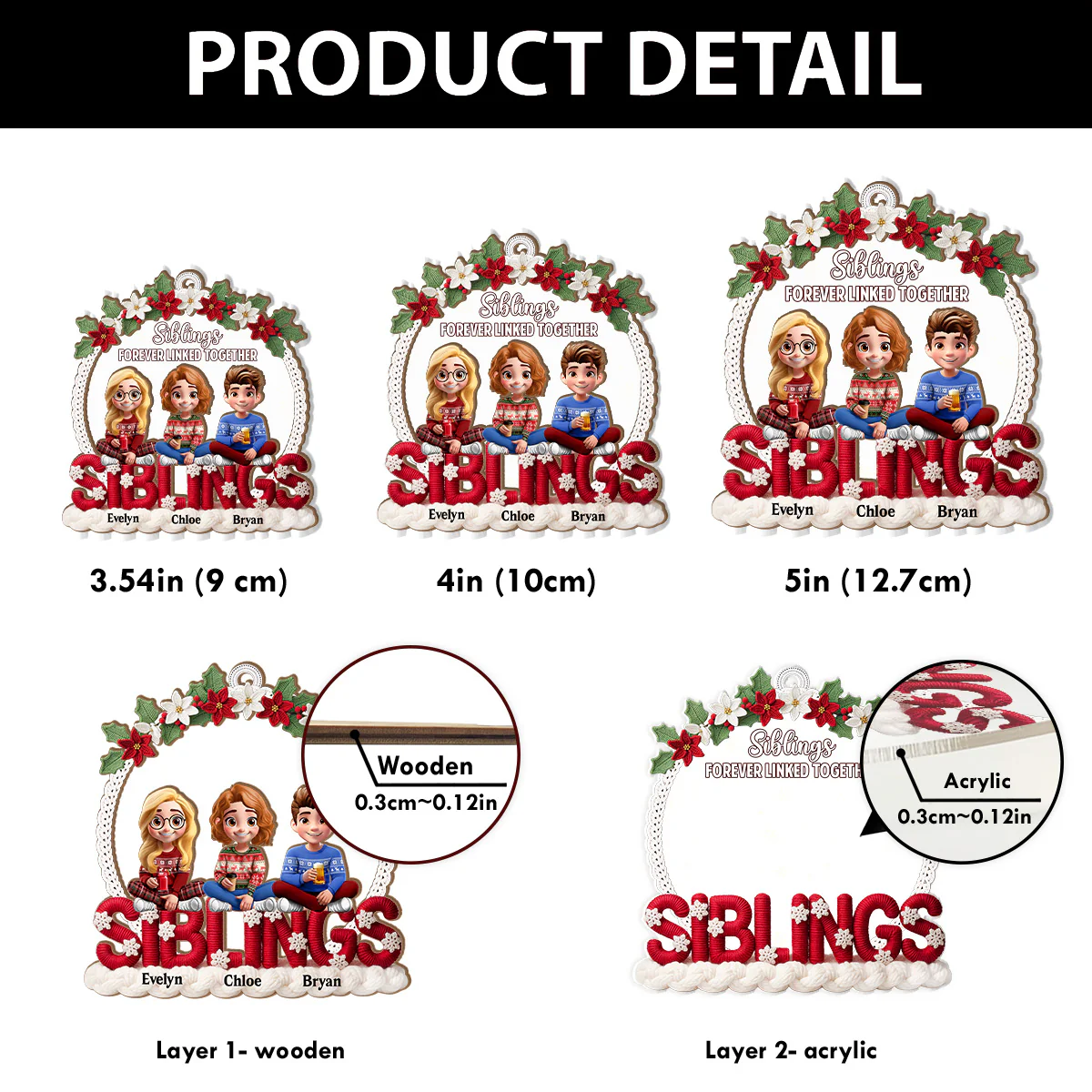 Siblings Forever - Personalized 2-Layered Wooden & Acrylic Ornament - Image 7