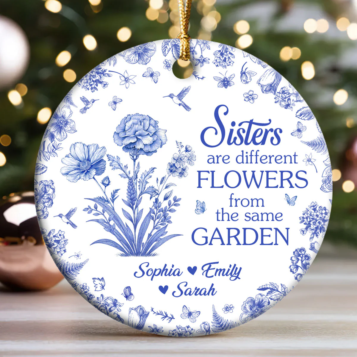 Sister Are Different Flowers Toile De Jouy - Personalized Round Shaped Ceramic Ornament - Image 3