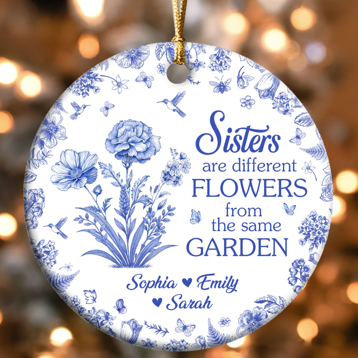 Sister Are Different Flowers Toile De Jouy - Personalized Round Shaped Ceramic Ornament - Image 4