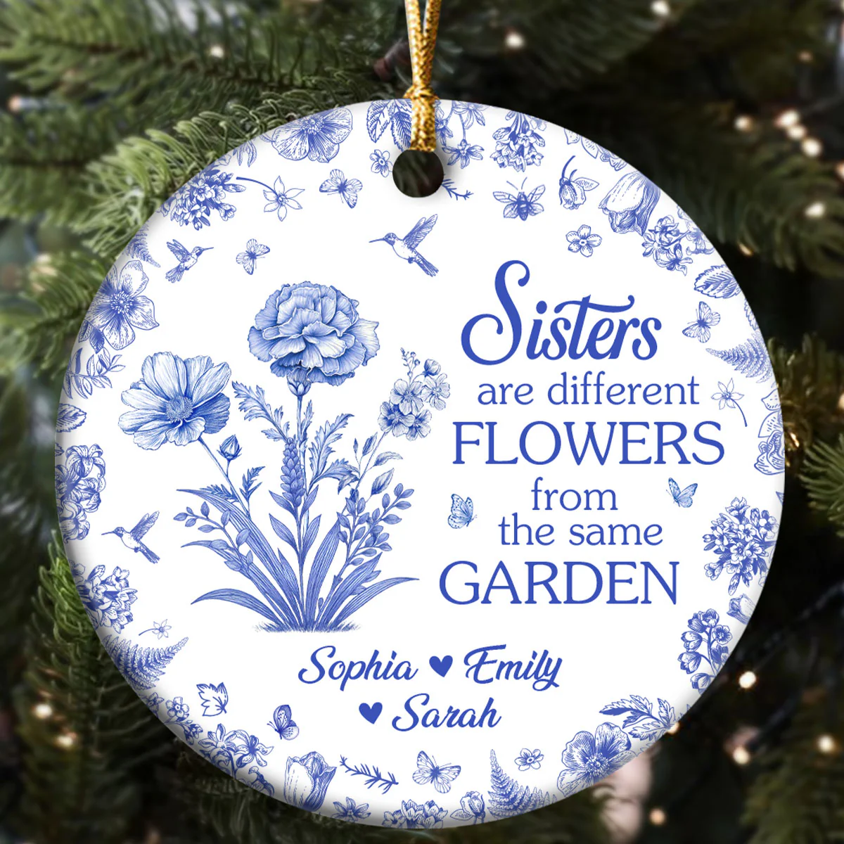 Sister Are Different Flowers Toile De Jouy - Personalized Round Shaped Ceramic Ornament - Image 5