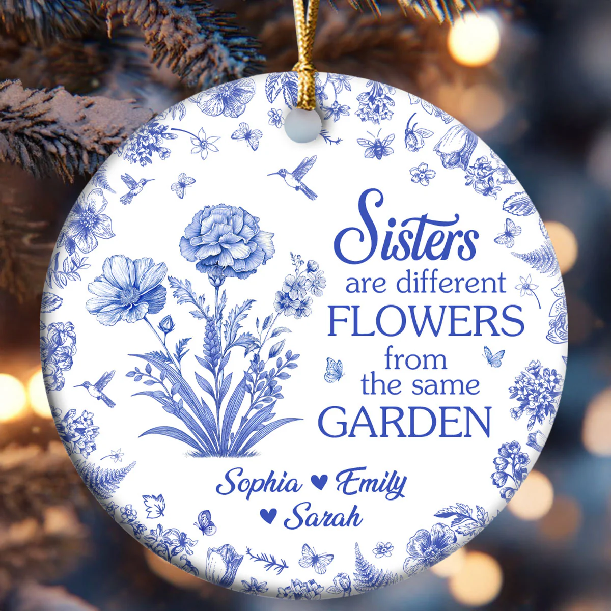 Sister Are Different Flowers Toile De Jouy - Personalized Round Shaped Ceramic Ornament - Image 6
