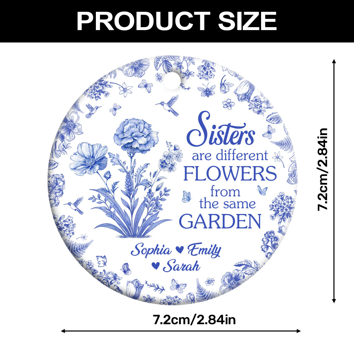 Sister Are Different Flowers Toile De Jouy - Personalized Round Shaped Ceramic Ornament - Image 7