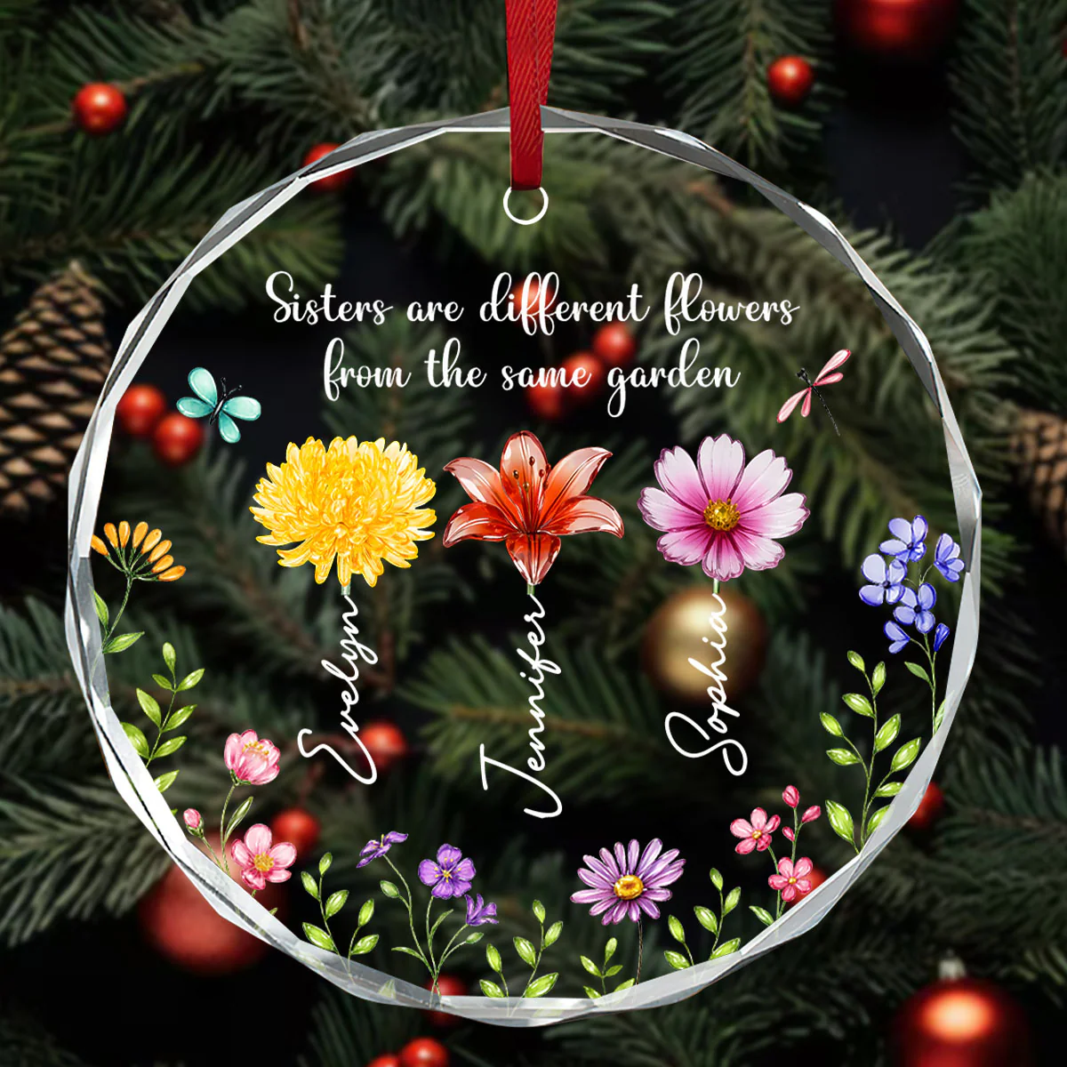Sisterhood Sparkles - Personalized Round Shaped Glass Ornament - Image 3