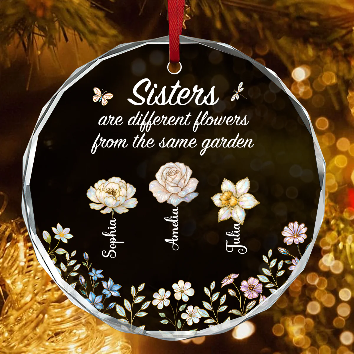 Sisters Are Different Flowers From The Same Garden Mother Pearl - Personalized Round Shaped Glass Ornament - Image 4