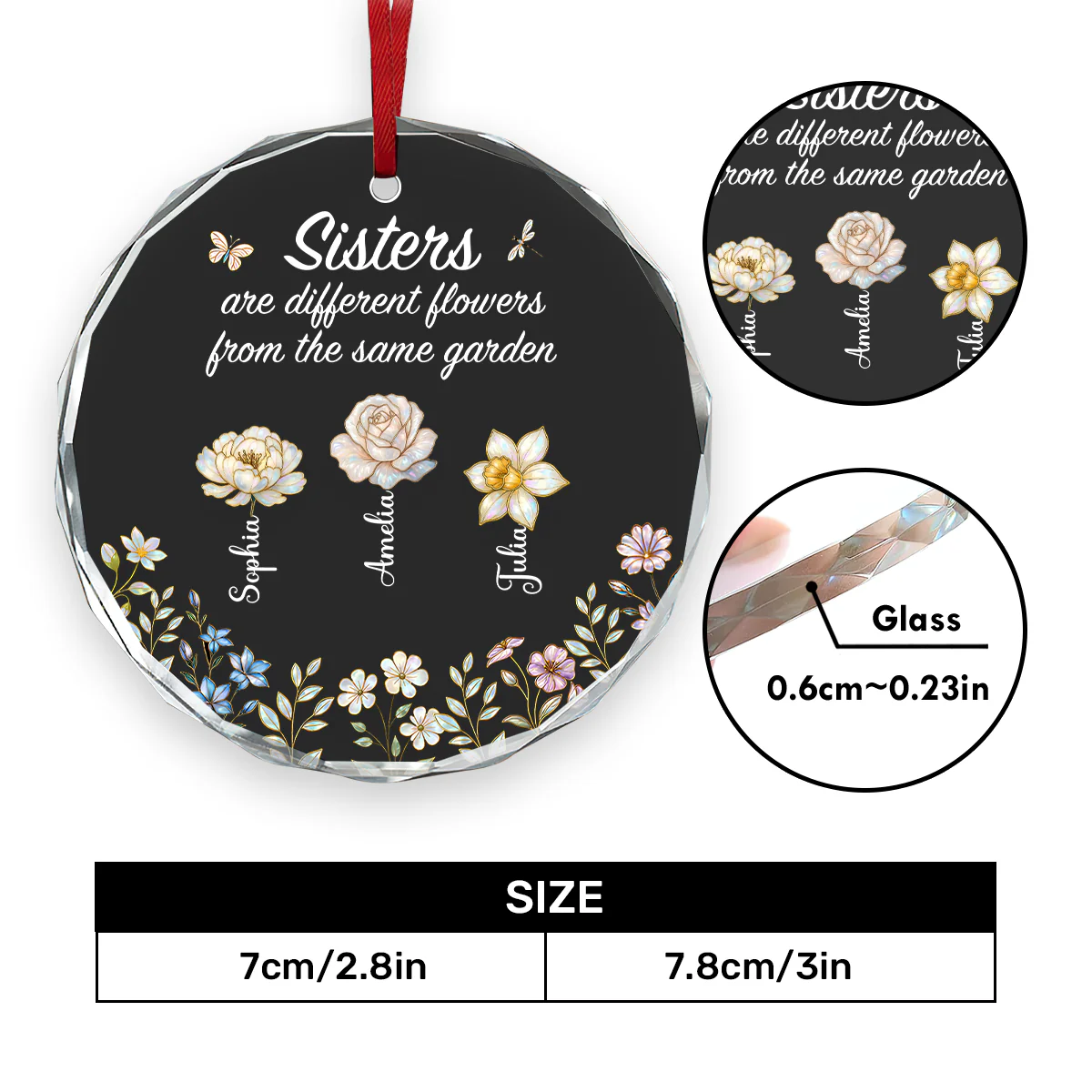 Sisters Are Different Flowers From The Same Garden Mother Pearl - Personalized Round Shaped Glass Ornament - Image 5