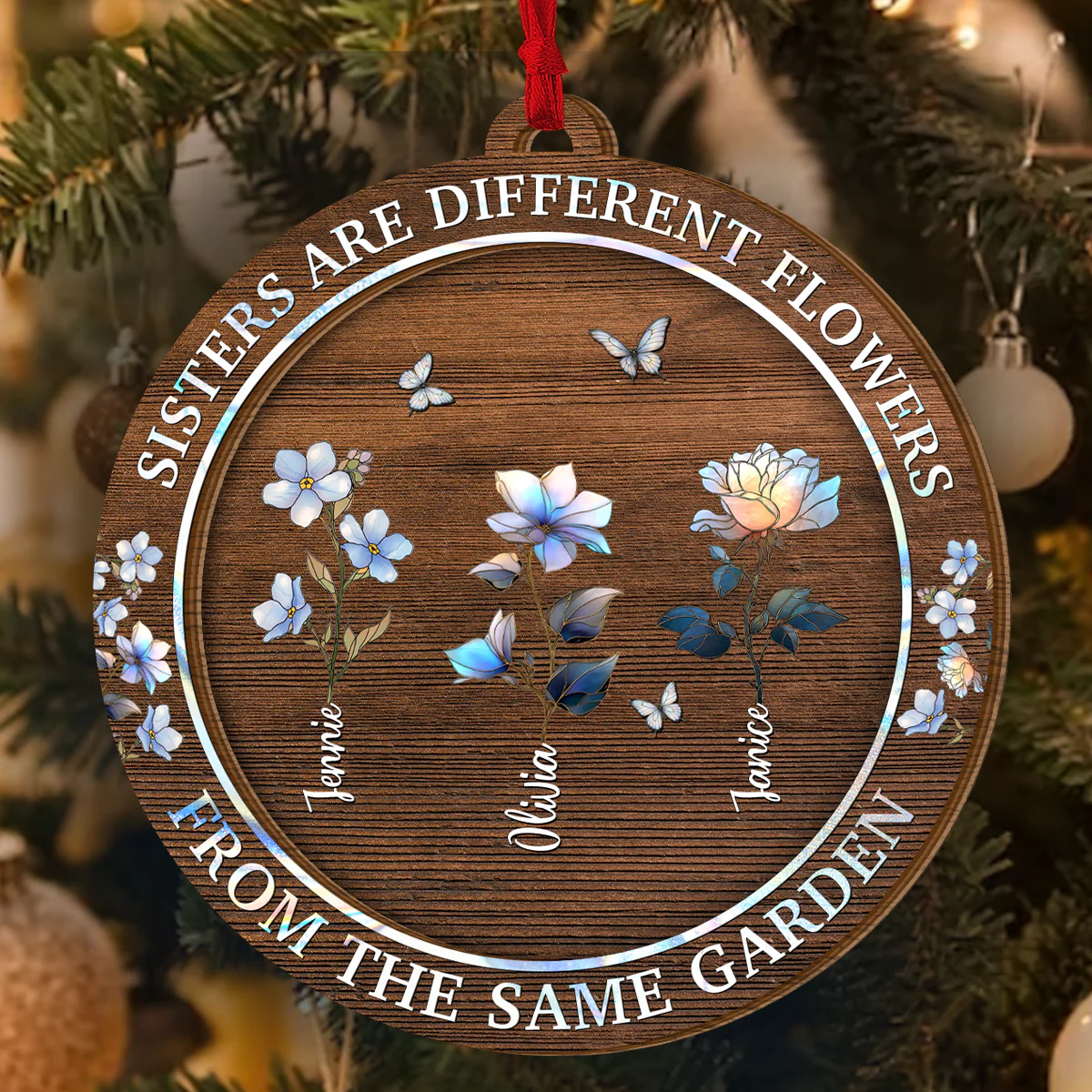 Sisters Are Different Flowers From The Same Garden - Personalized 2-Layered Wooden Ornament - Image 2