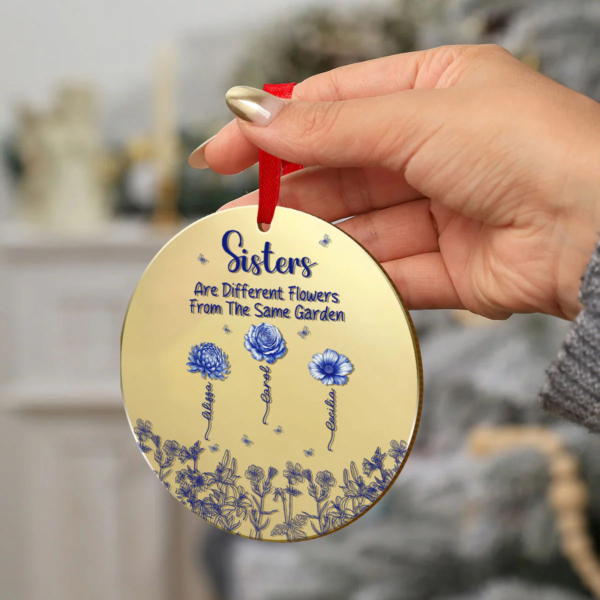 Sisters Are Different Flowers From The Same Garden - Personalized Mirror Ornament - Image 4