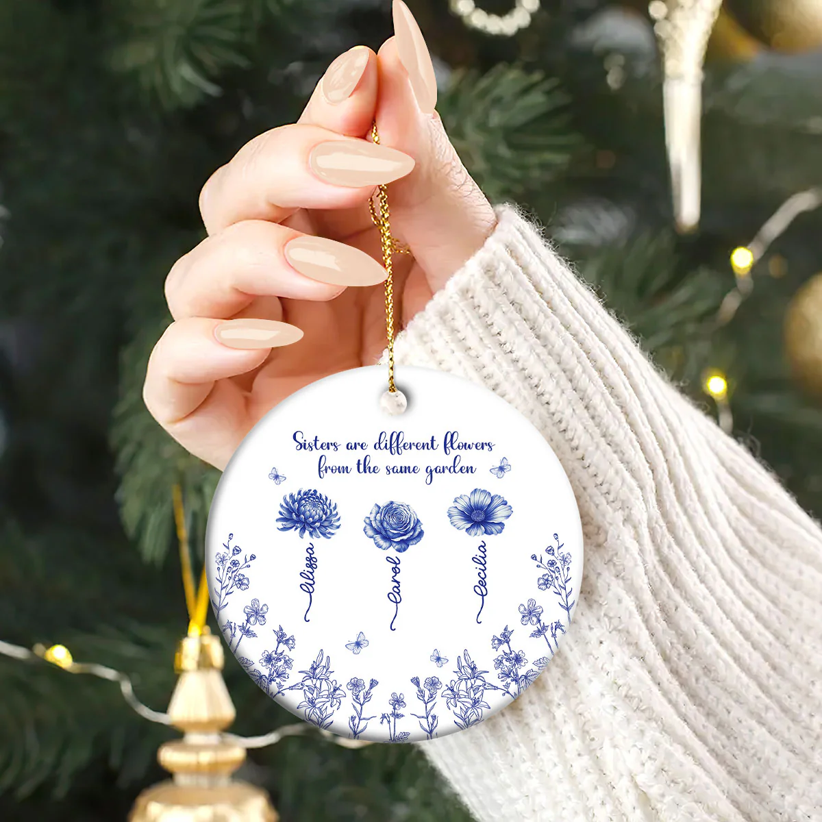 Sisters Are Different Flowers From The Same Garden - Personalized Round Shaped Ceramic Ornament - Image 2