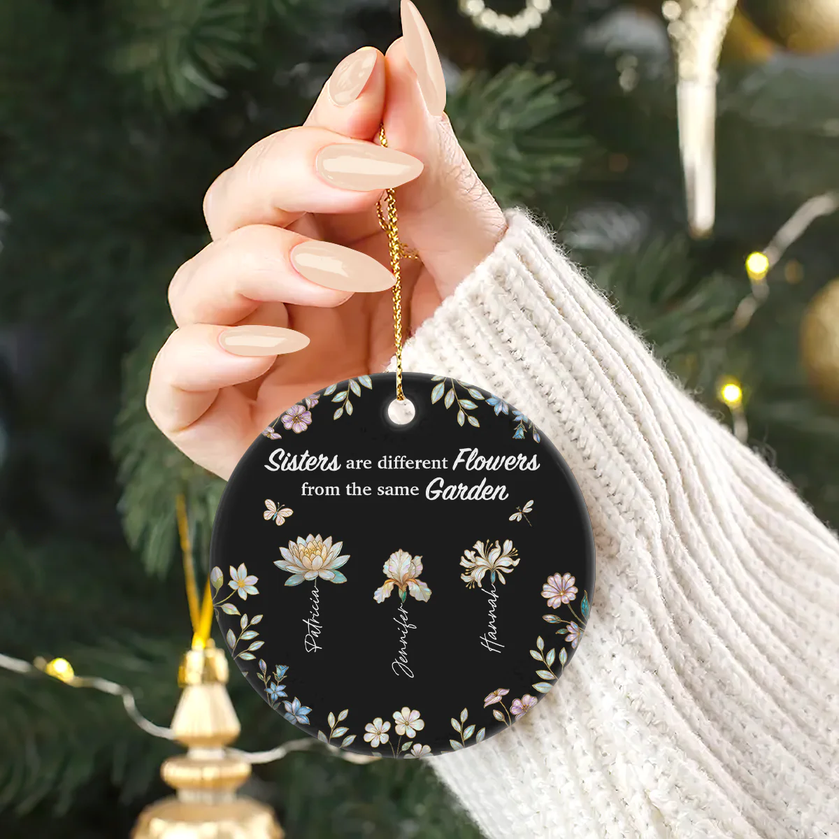 Sisters Are Different Flowers From The Same Garden - Personalized Round Shaped Ceramic Ornament - Image 2