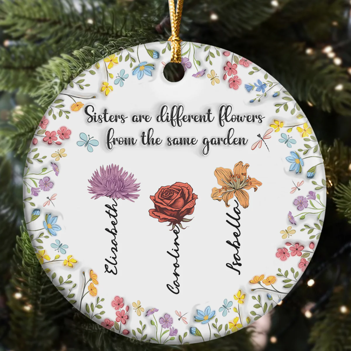 Sisters Are Different Flowers From The Same Garden  - Personalized Round Shaped Ceramic Ornament - Image 5