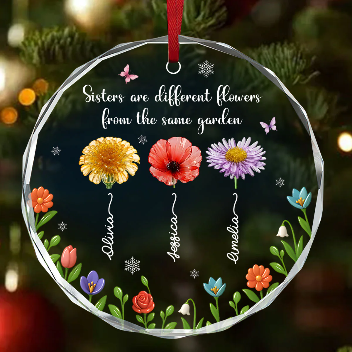 Sisters Are Different Flowers From The Same Garden - Personalized Round Shaped Glass Ornament