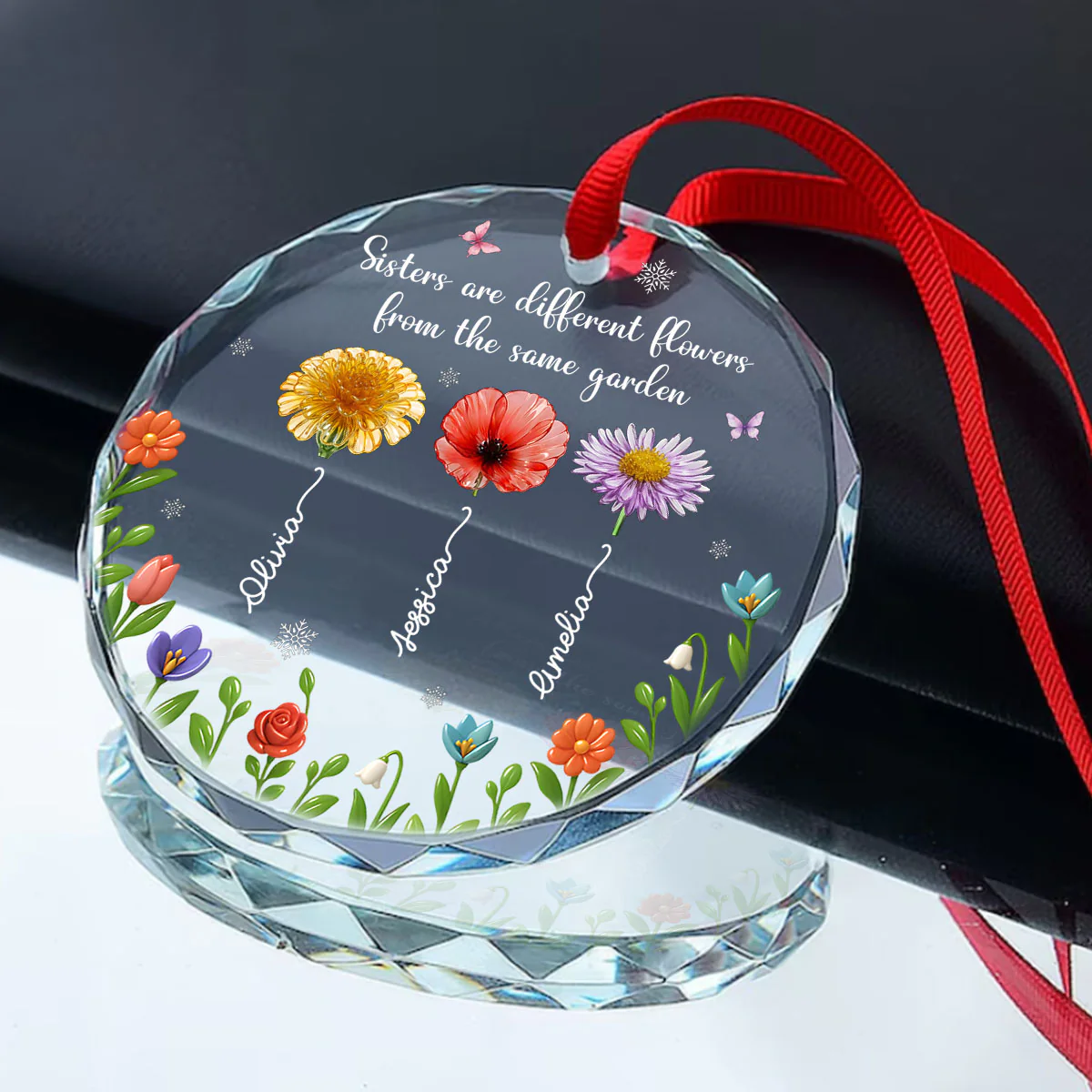Sisters Are Different Flowers From The Same Garden - Personalized Round Shaped Glass Ornament - Image 2