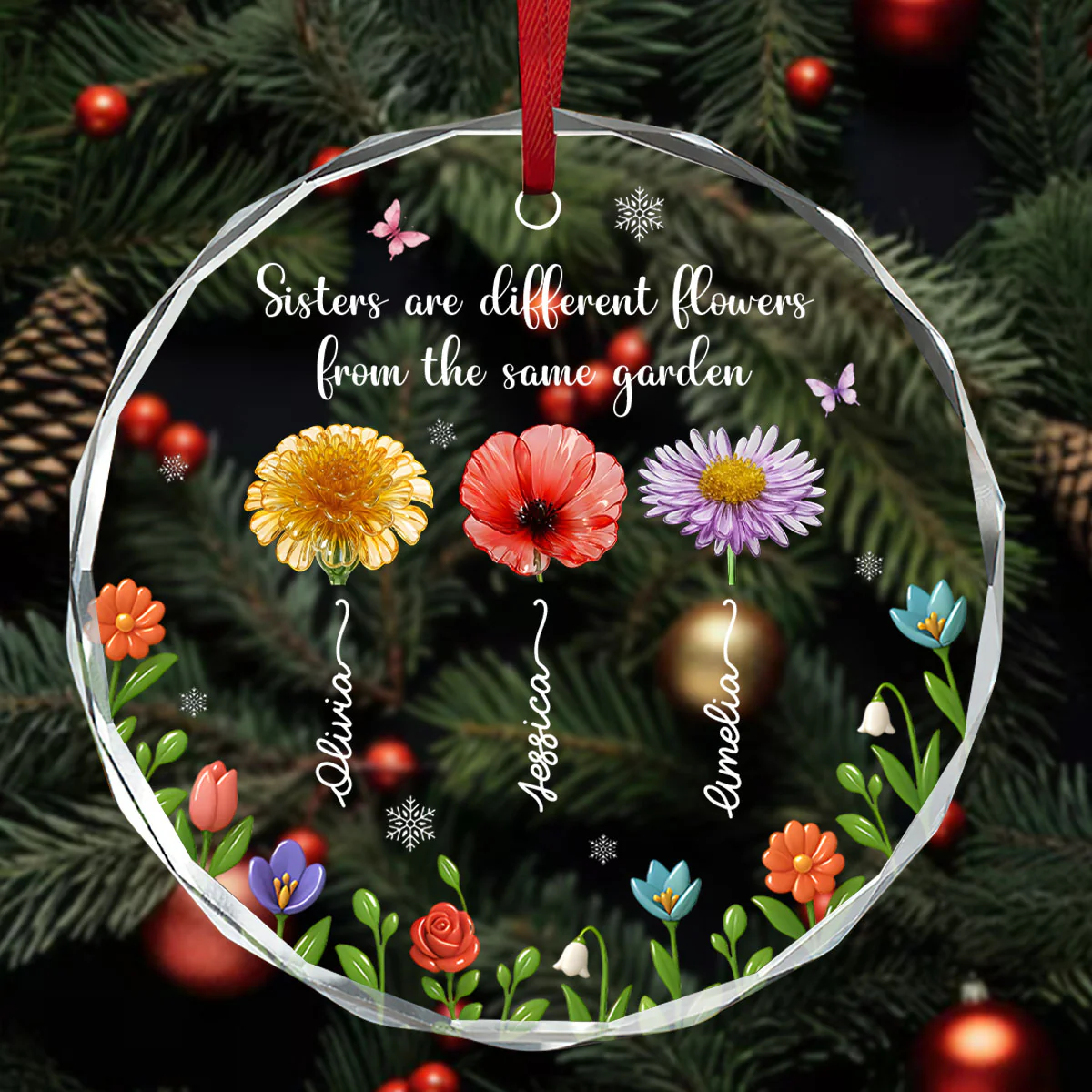 Sisters Are Different Flowers From The Same Garden - Personalized Round Shaped Glass Ornament - Image 3