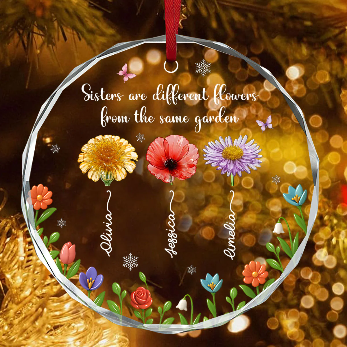 Sisters Are Different Flowers From The Same Garden - Personalized Round Shaped Glass Ornament - Image 4
