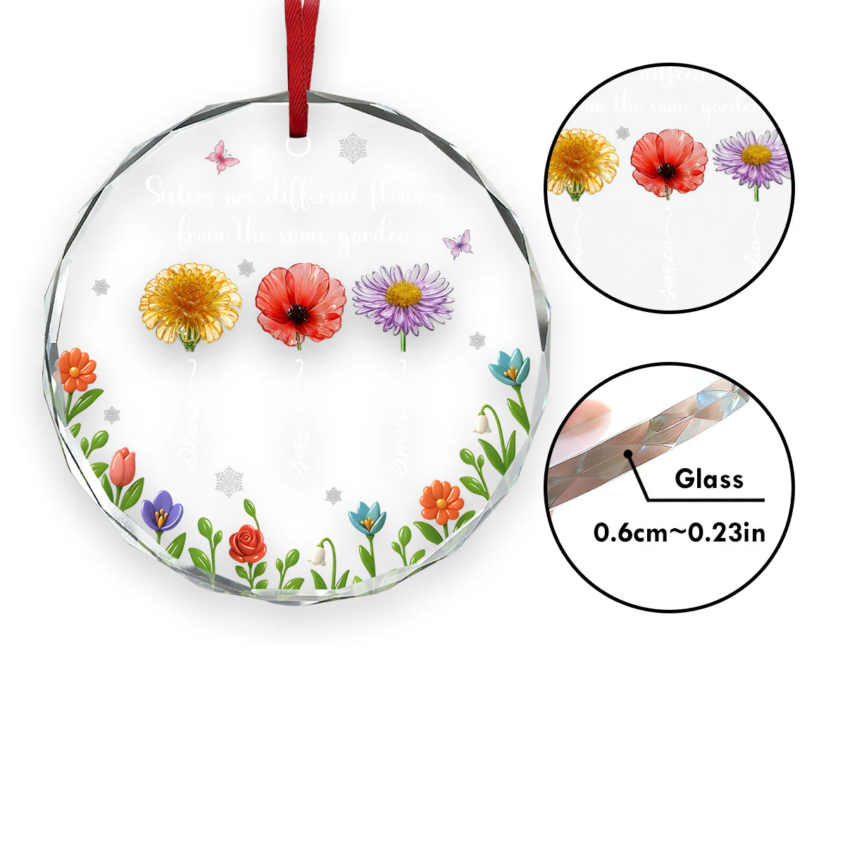 Sisters Are Different Flowers From The Same Garden - Personalized Round Shaped Glass Ornament - Image 5