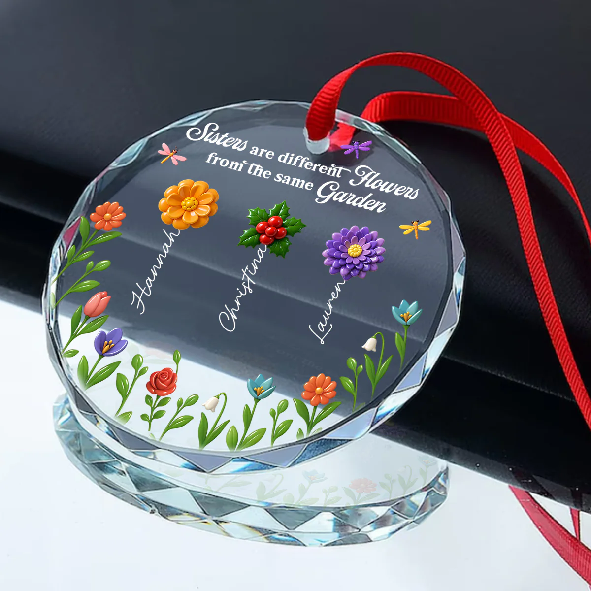 Sisters Are Different Flowers From The Same Garden - Personalized Round Shaped Glass Ornament - Image 3