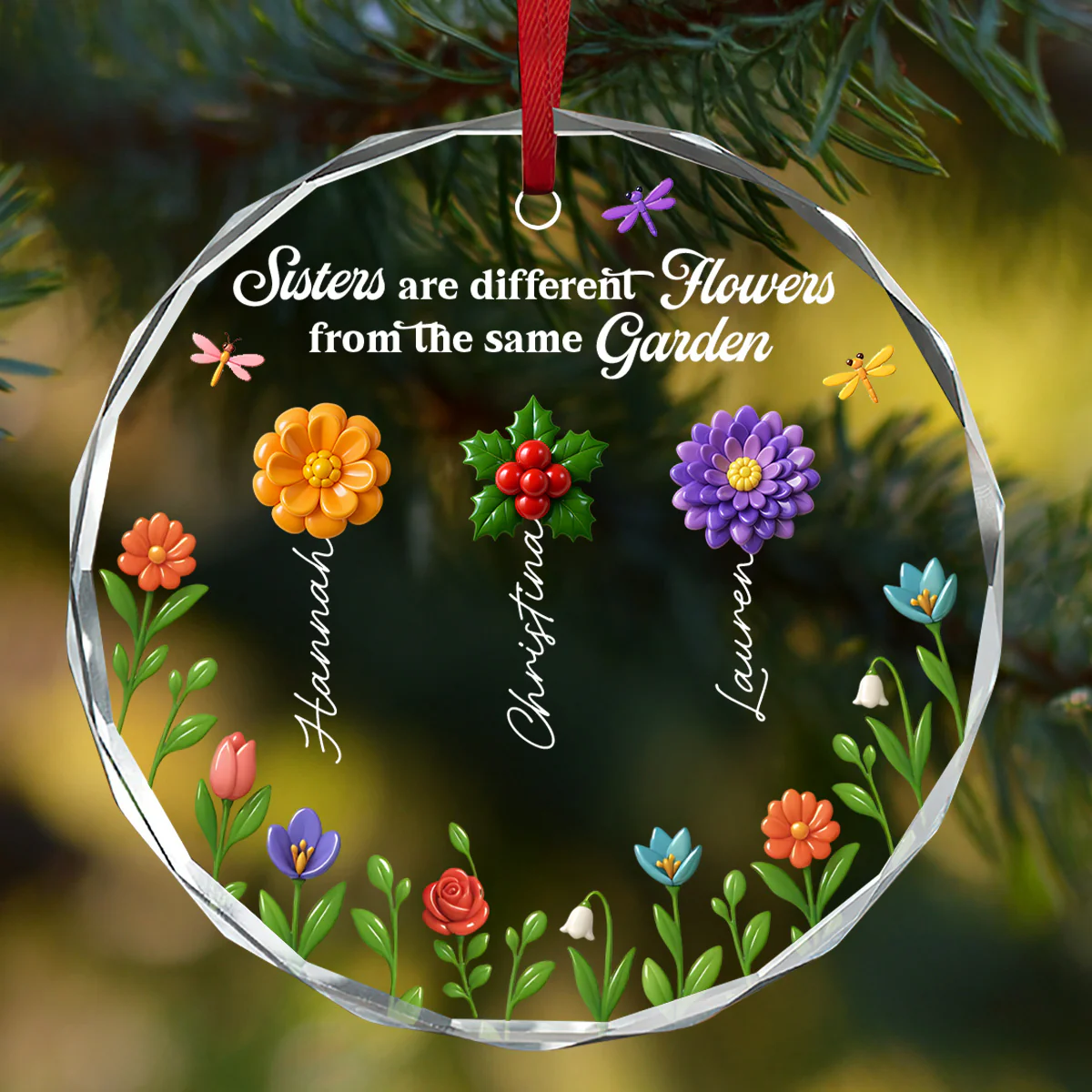 Sisters Are Different Flowers From The Same Garden - Personalized Round Shaped Glass Ornament - Image 5
