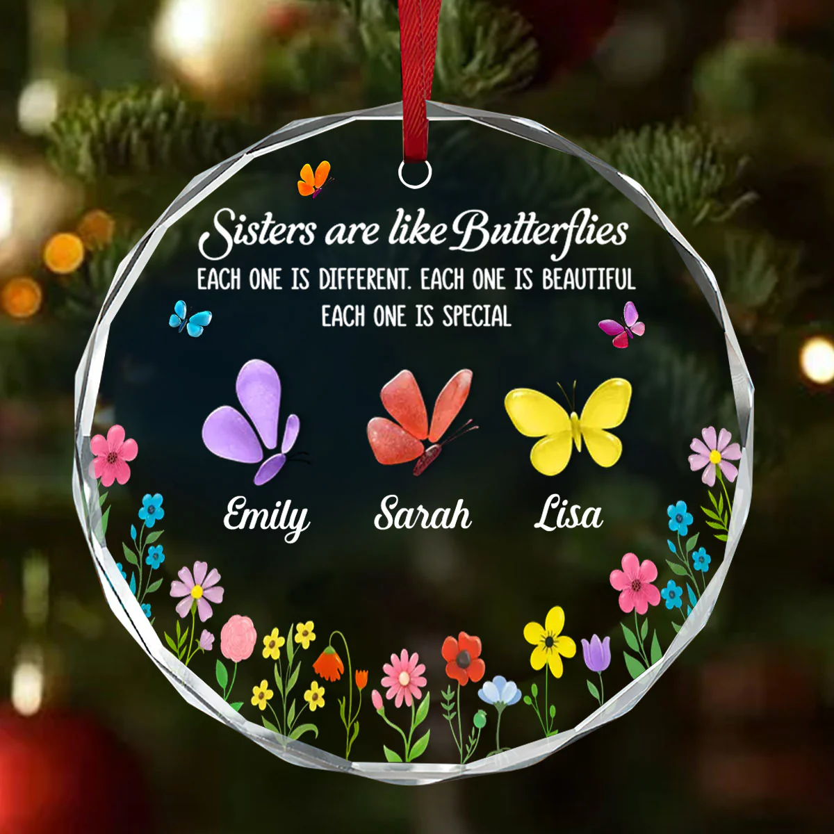 Sisters Are Like Butterflies 3D Effect Sea Glass - Personalized Round Shaped Glass Ornament