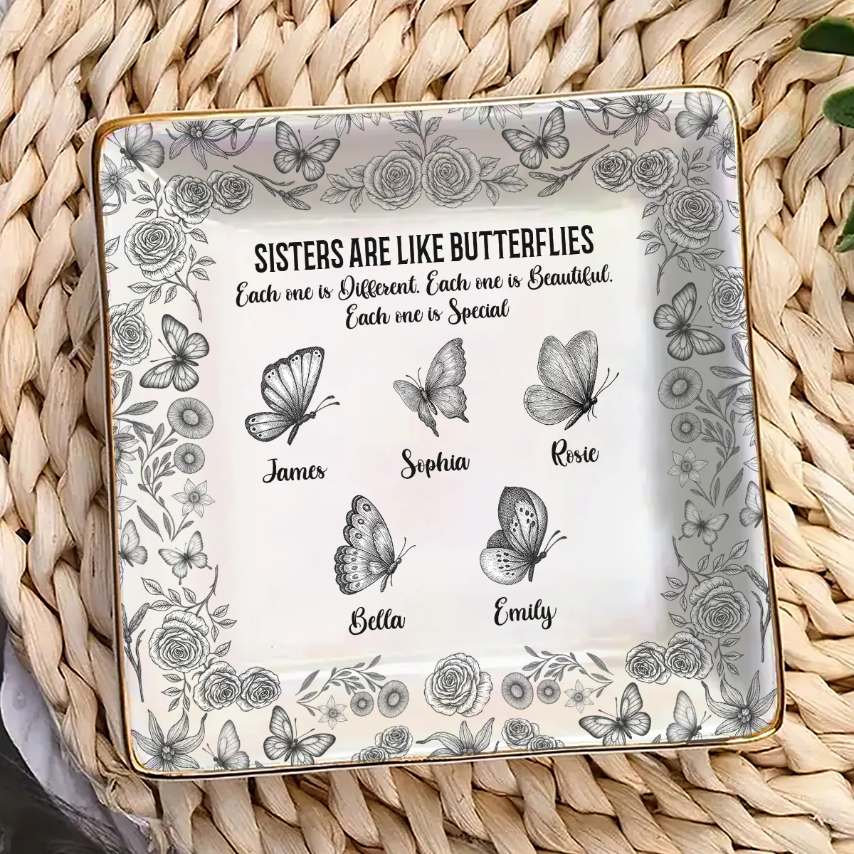Sisters Are Like Butterflies - Personalized Ceramic Ring Dish Square - Image 3