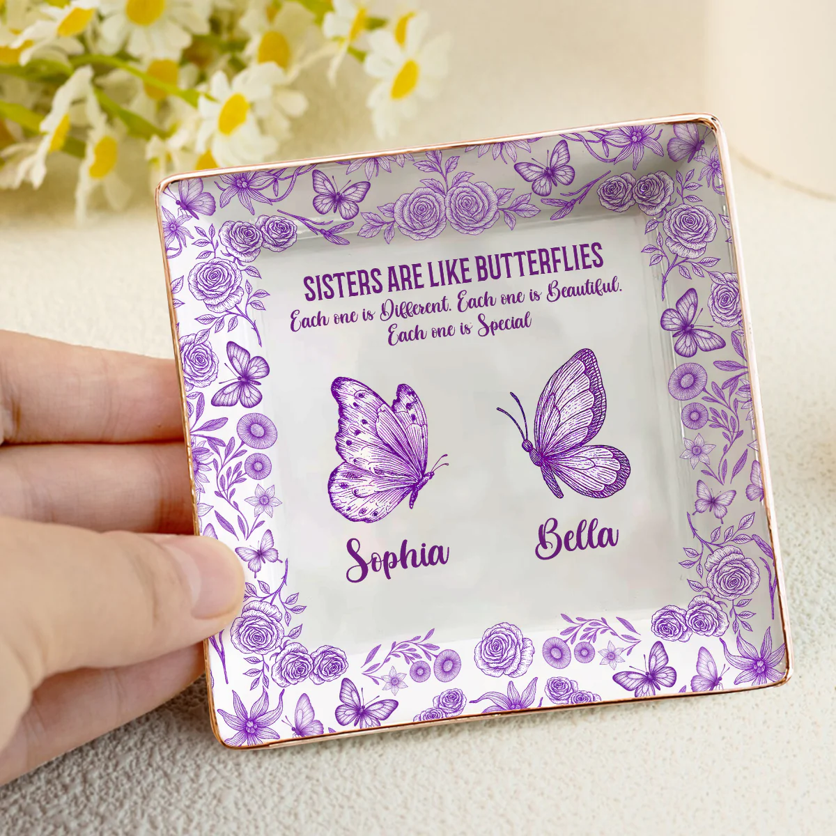 Sisters Are Like Butterflies - Personalized Ceramic Ring Dish Square - Image 4