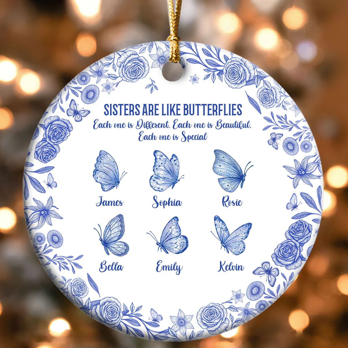 Sisters Are Like Butterflies - Personalized Round Shaped Ceramic Ornament - Image 4