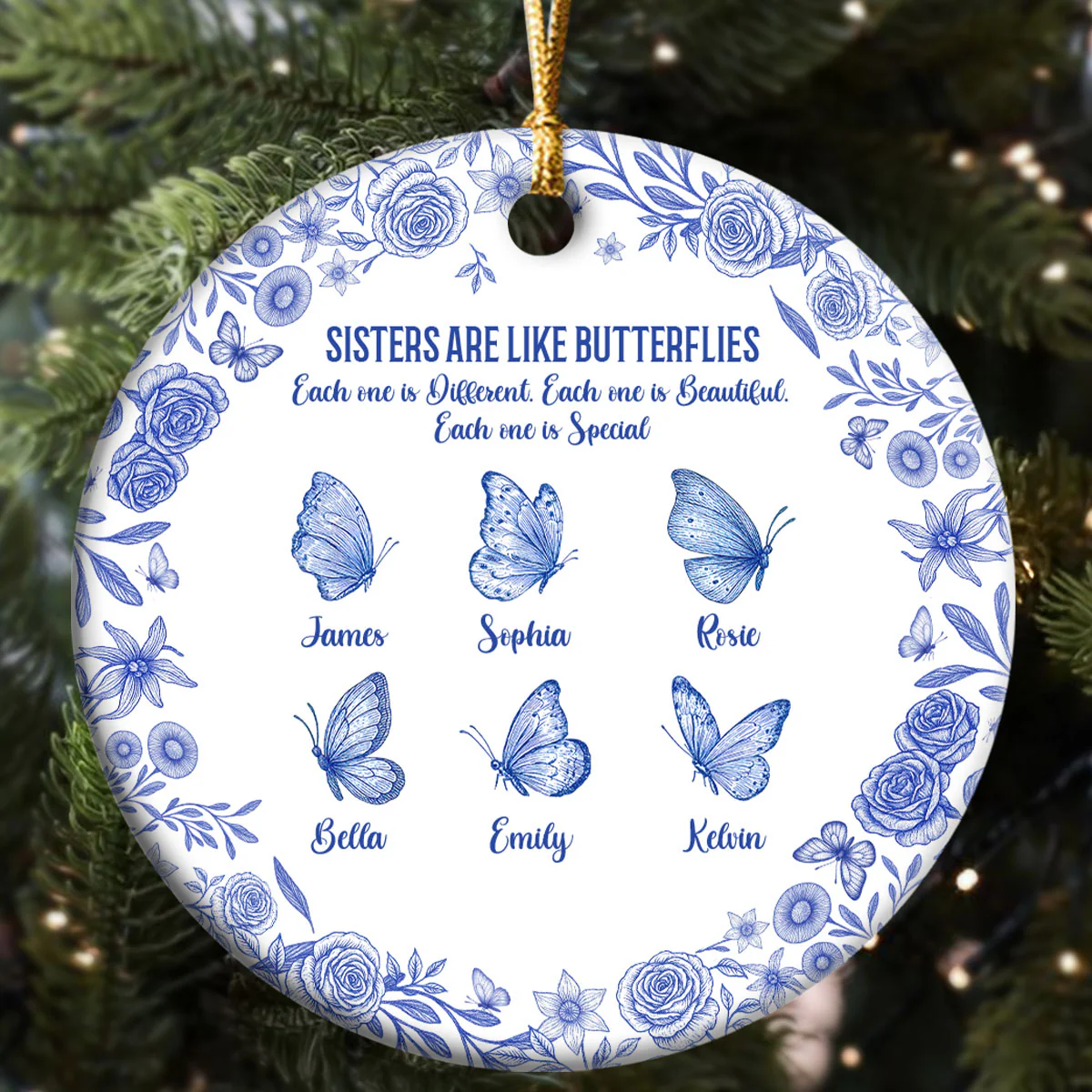 Sisters Are Like Butterflies - Personalized Round Shaped Ceramic Ornament - Image 5