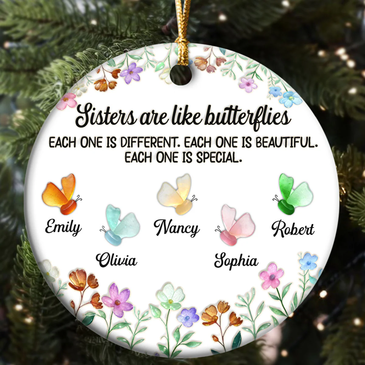 Sisters Are Like Butterflies - Personalized Round Shaped Ceramic Ornament - Image 5
