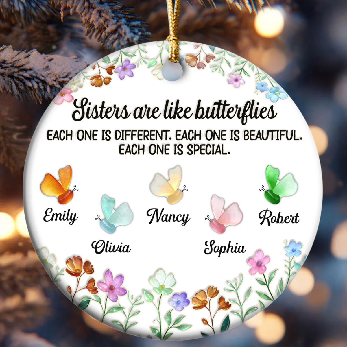 Sisters Are Like Butterflies - Personalized Round Shaped Ceramic Ornament - Image 6