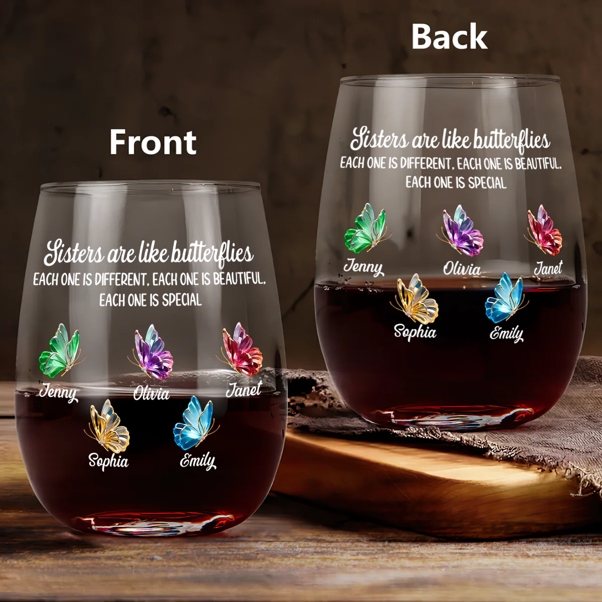 Sisters Are Like Butterflies - Personalized Stemless Wine Glass - Image 3