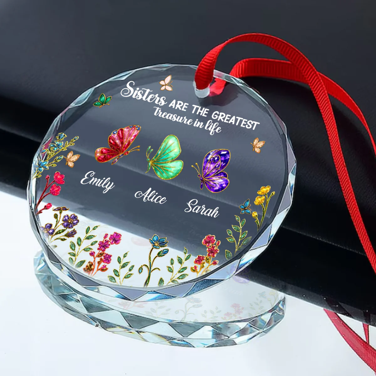 Sisters Are The Greatest Treasure In Life - Personalized Round Shaped Glass Ornament - Image 2