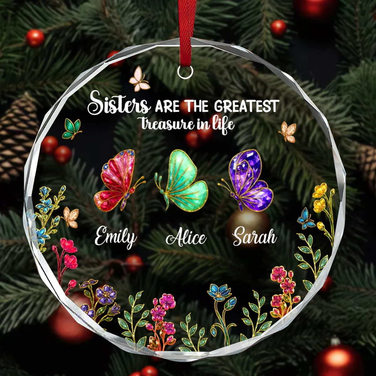 Sisters Are The Greatest Treasure In Life - Personalized Round Shaped Glass Ornament - Image 3