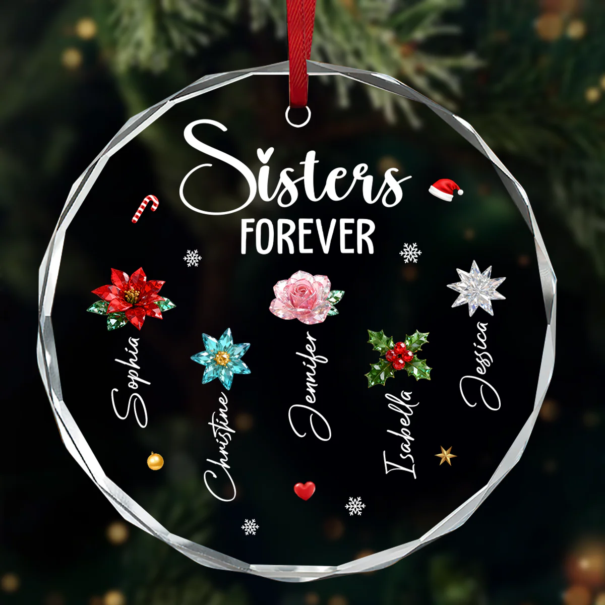 Sisters Besties Family Christmas Flowers  - Personalized Round Shaped Glass Ornament