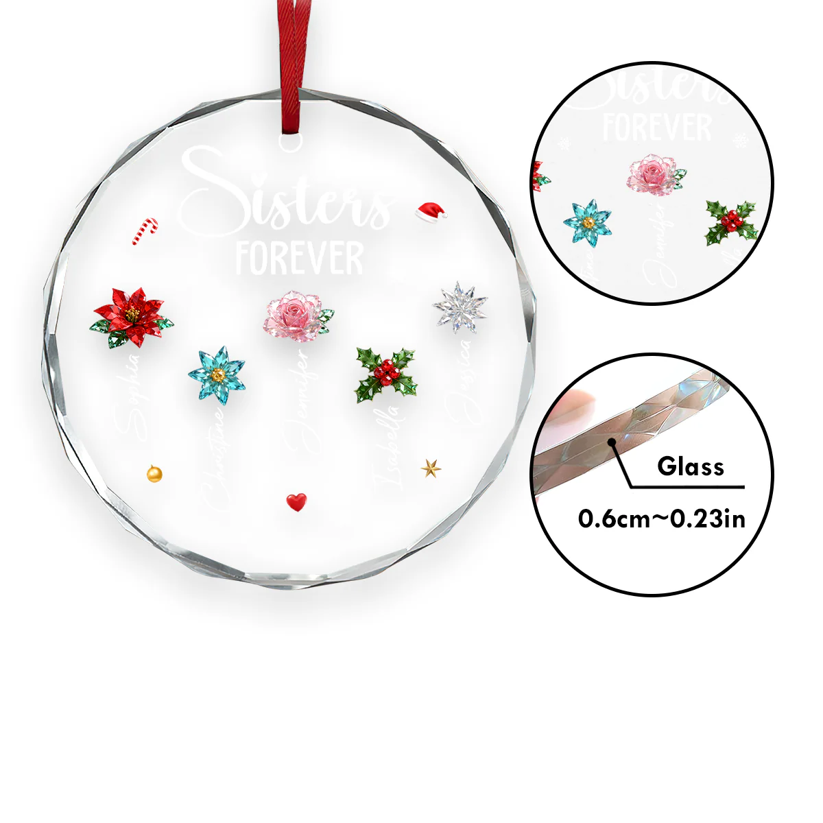 Sisters Besties Family Christmas Flowers  - Personalized Round Shaped Glass Ornament - Image 4