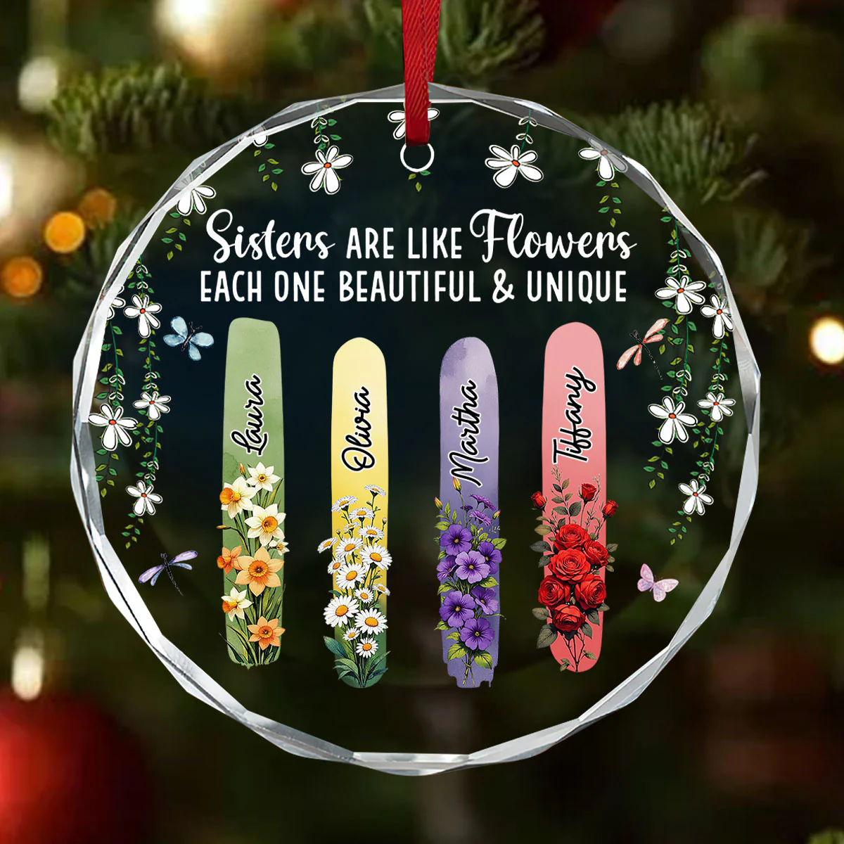 Sisters Bloom Beautiful And Unique - Personalized Round Shaped Glass Ornament