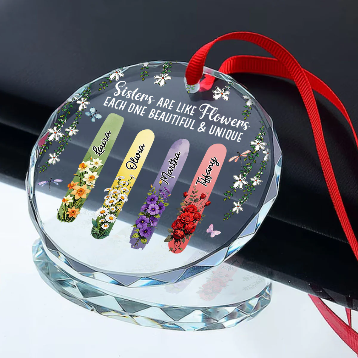 Sisters Bloom Beautiful And Unique - Personalized Round Shaped Glass Ornament - Image 2