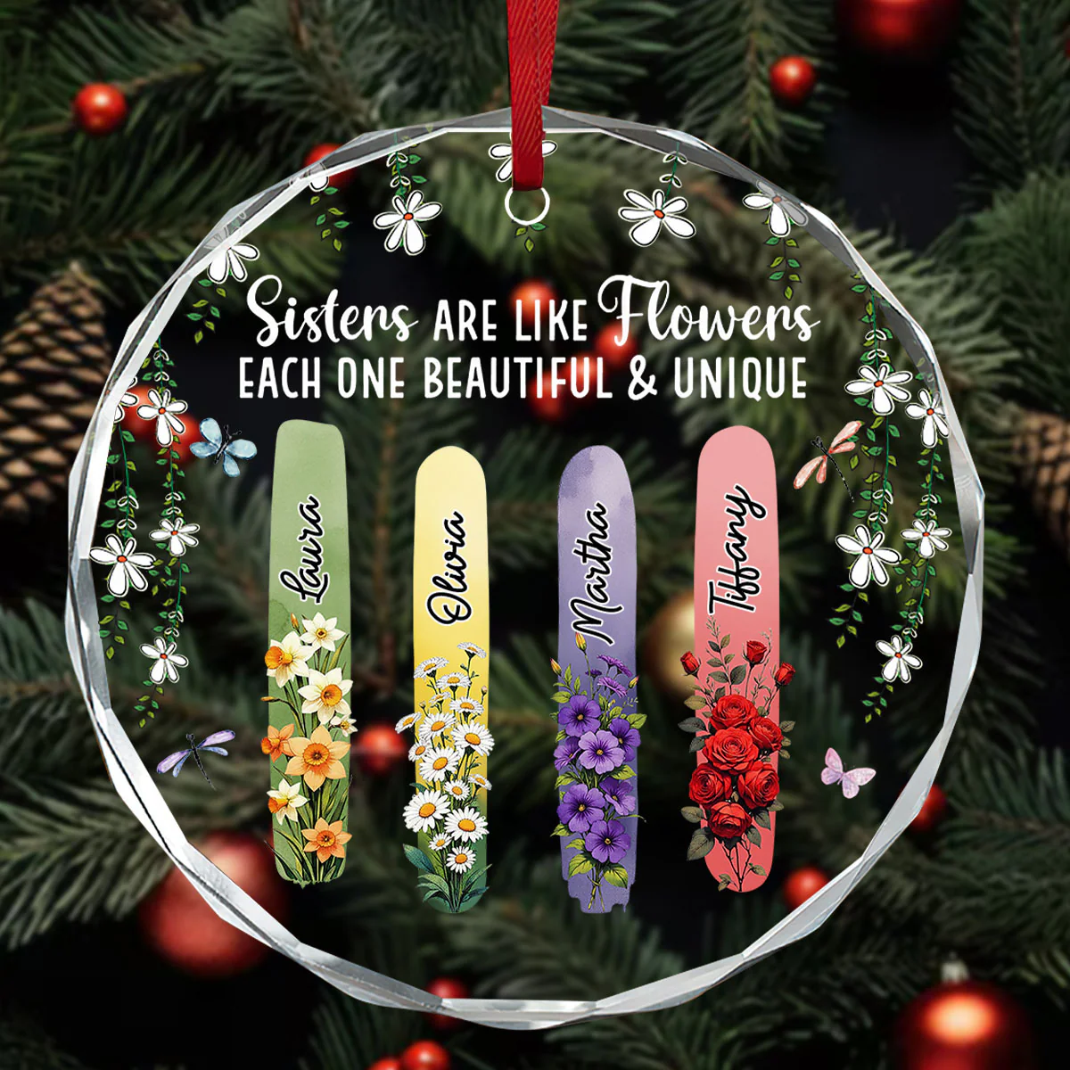 Sisters Bloom Beautiful And Unique - Personalized Round Shaped Glass Ornament - Image 3