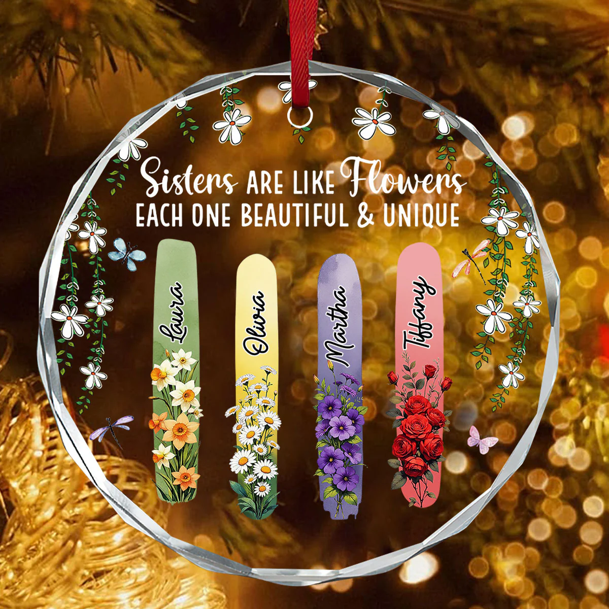 Sisters Bloom Beautiful And Unique - Personalized Round Shaped Glass Ornament - Image 4