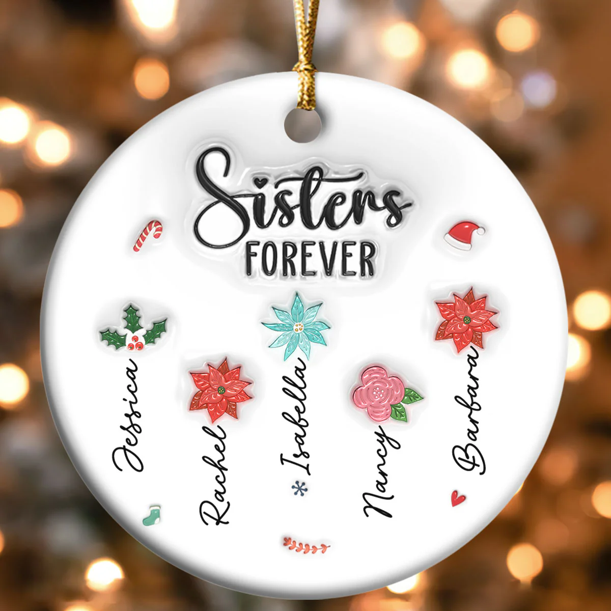 Sisters Forever Christmas Flowers - Personalized Round Shaped Ceramic Ornament - Image 4