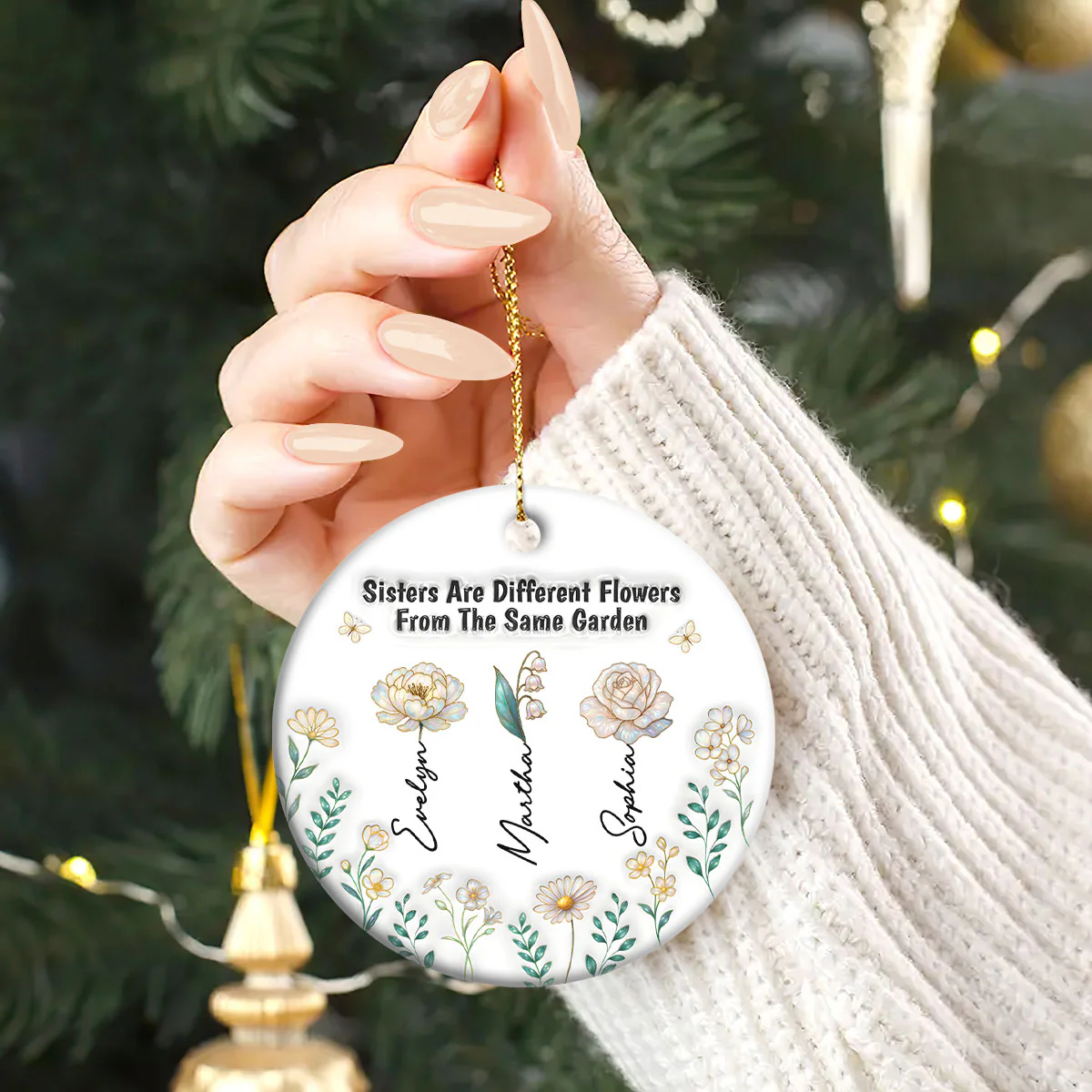 Sisters Forever - Personalized Round Shaped Ceramic Ornament - Image 2