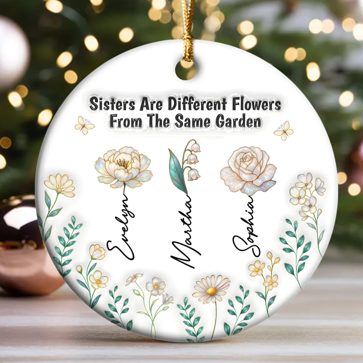Sisters Forever - Personalized Round Shaped Ceramic Ornament - Image 3
