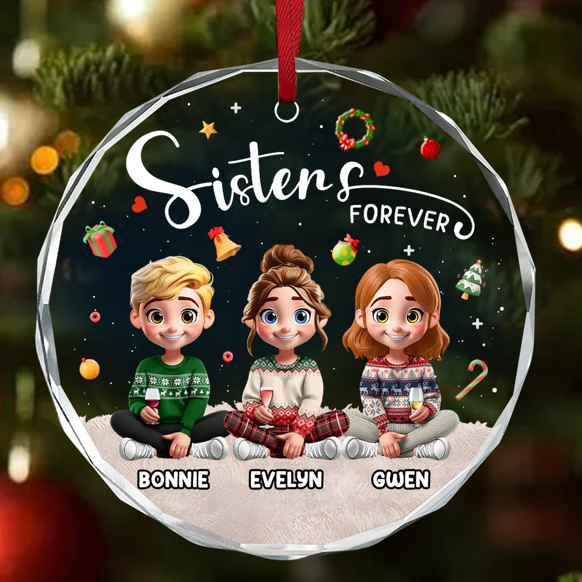 Sisters Forever - Personalized Round Shaped Glass Ornament