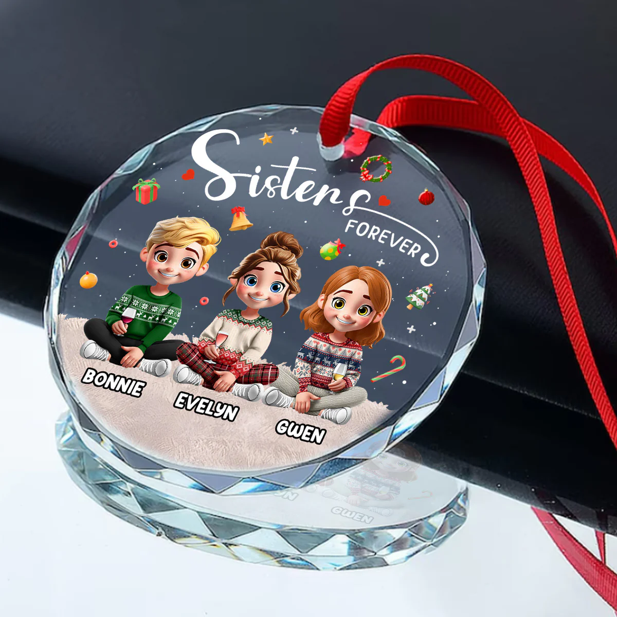 Sisters Forever - Personalized Round Shaped Glass Ornament - Image 2