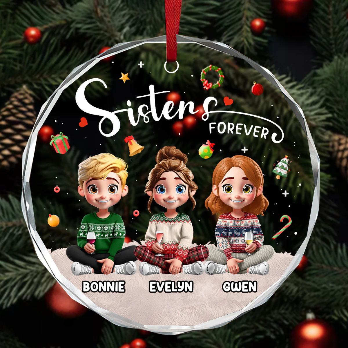 Sisters Forever - Personalized Round Shaped Glass Ornament - Image 3