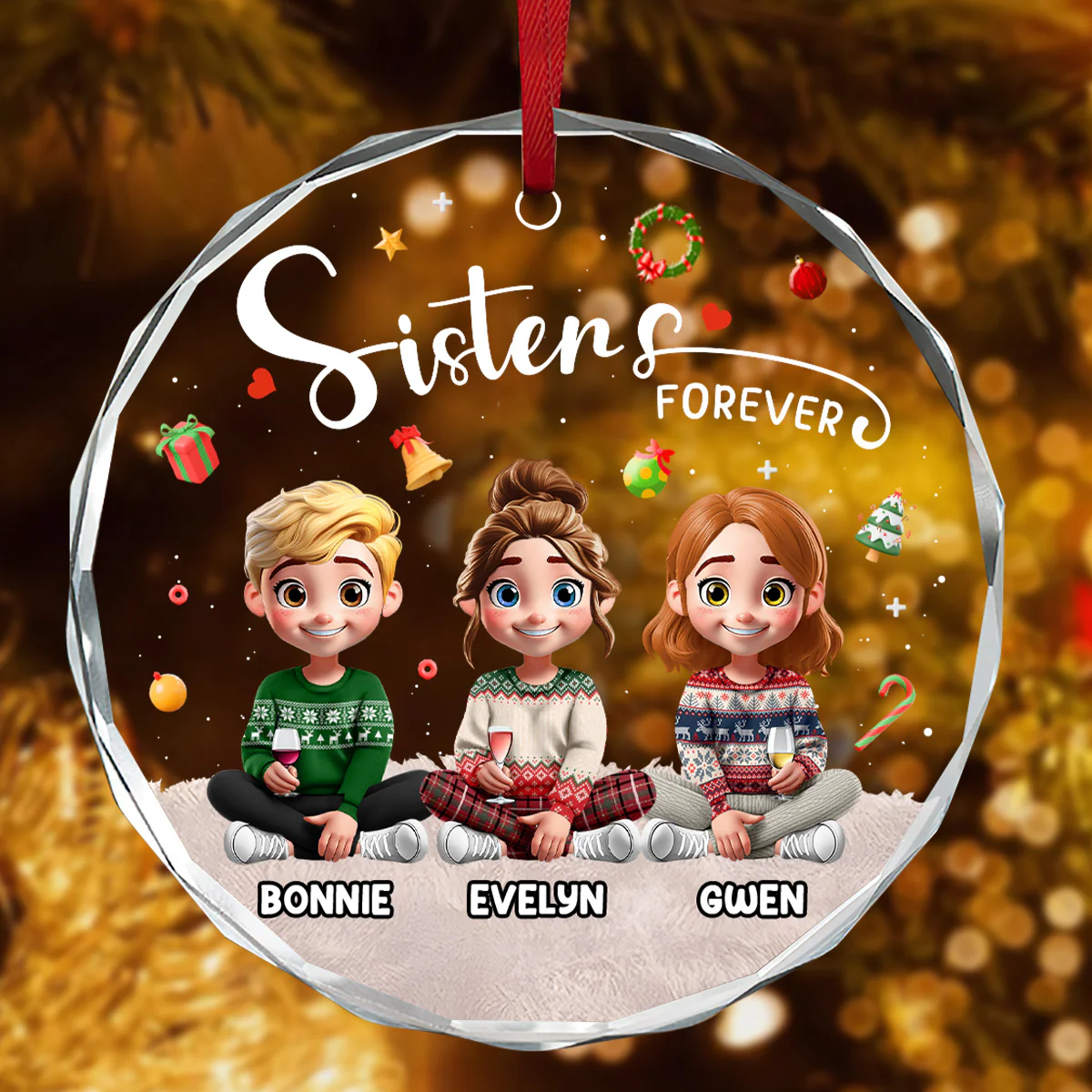 Sisters Forever - Personalized Round Shaped Glass Ornament - Image 4