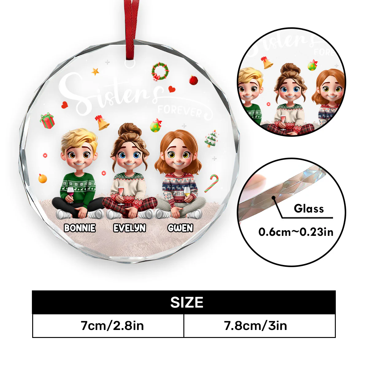 Sisters Forever - Personalized Round Shaped Glass Ornament - Image 5