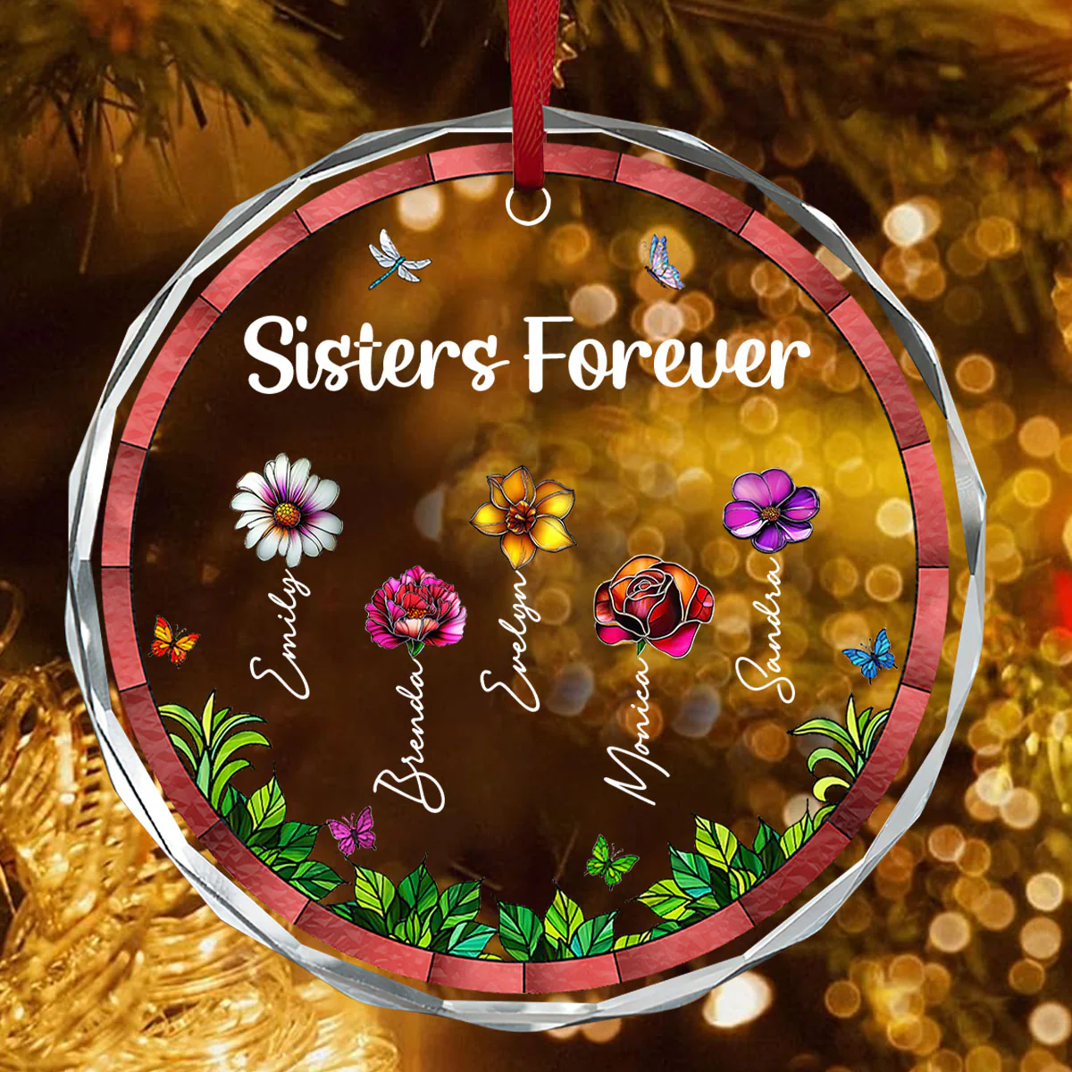 Sisters Forever - Personalized Round Shaped Glass Ornament - Image 4